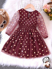 Girl's Golden Dot Long Sleeve Tunic Dress For Party