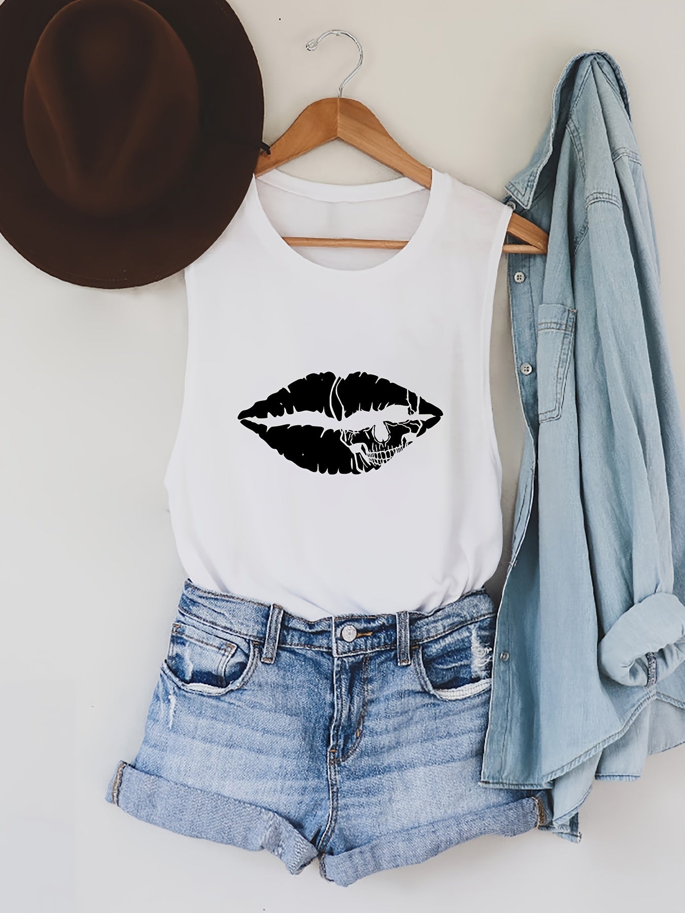 Lip Print Tank Top Crew Neck Summer Sleeveless Top Women's Clothing
