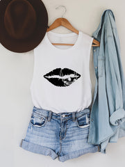 Lip Print Tank Top Crew Neck Summer Sleeveless Top Women's Clothing