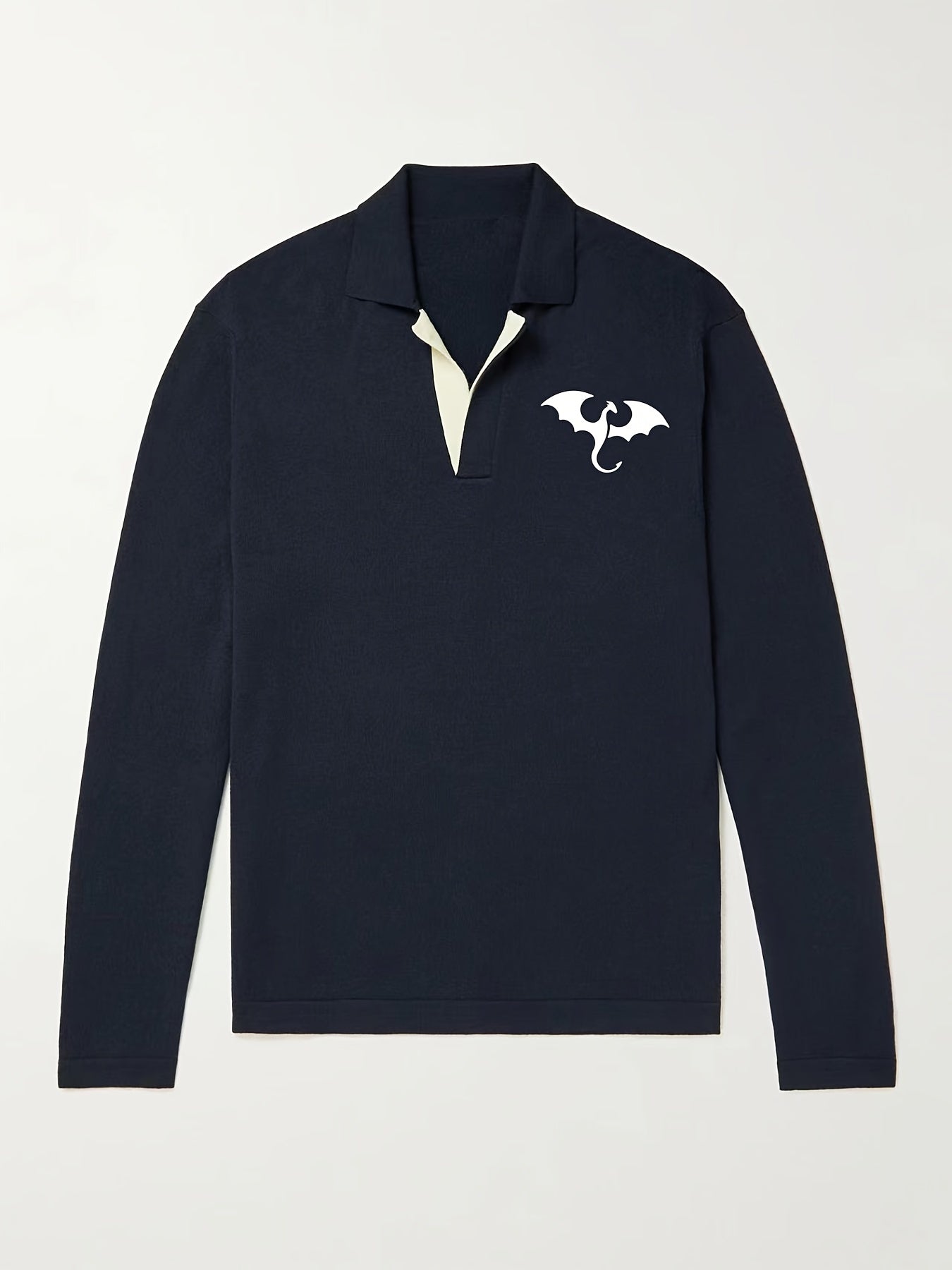 Dragon Pattern Knit Polo Shirt Men's Casual Lapel Middle Stretch V Neck Pullover