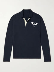 Dragon Pattern Knit Polo Shirt Men's Casual Lapel Middle Stretch V Neck Pullover