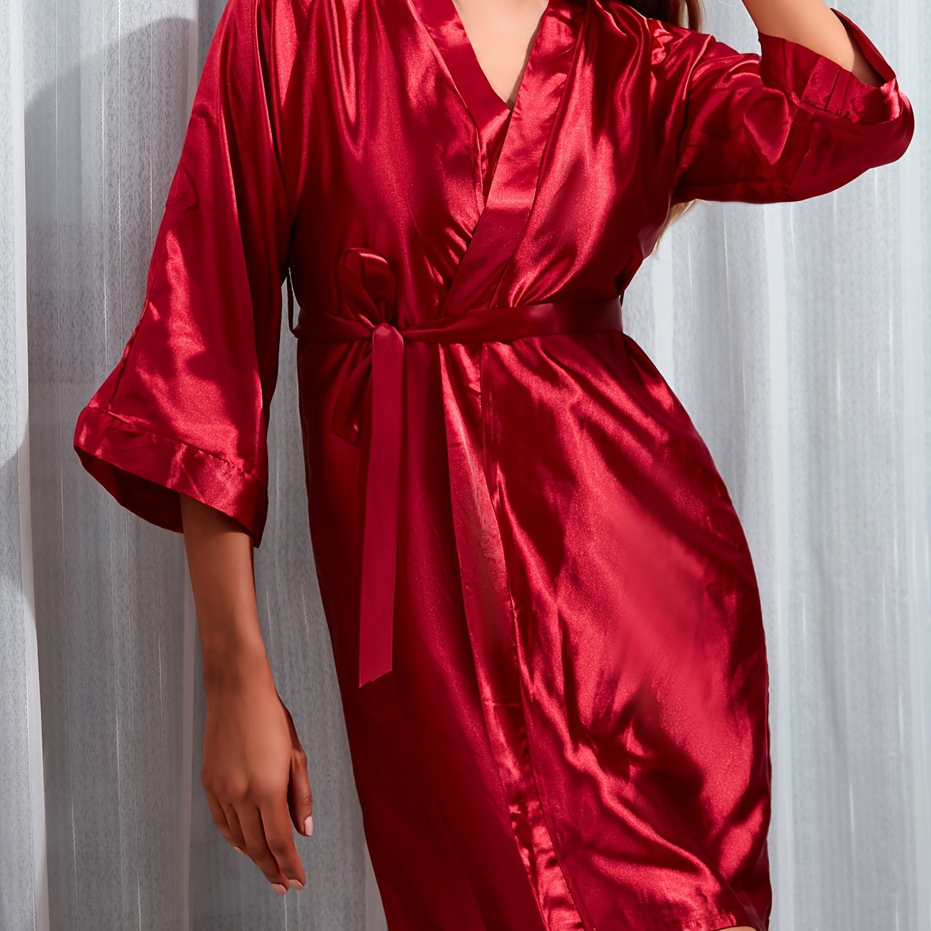 Satin V Neck Night Robe 3 4 Sleeve with Belt