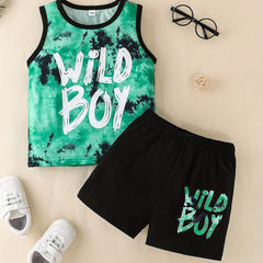 Boy's Tank Top & Shorts Set WILD BOY Tie Dye Print Casual Summer Clothes
