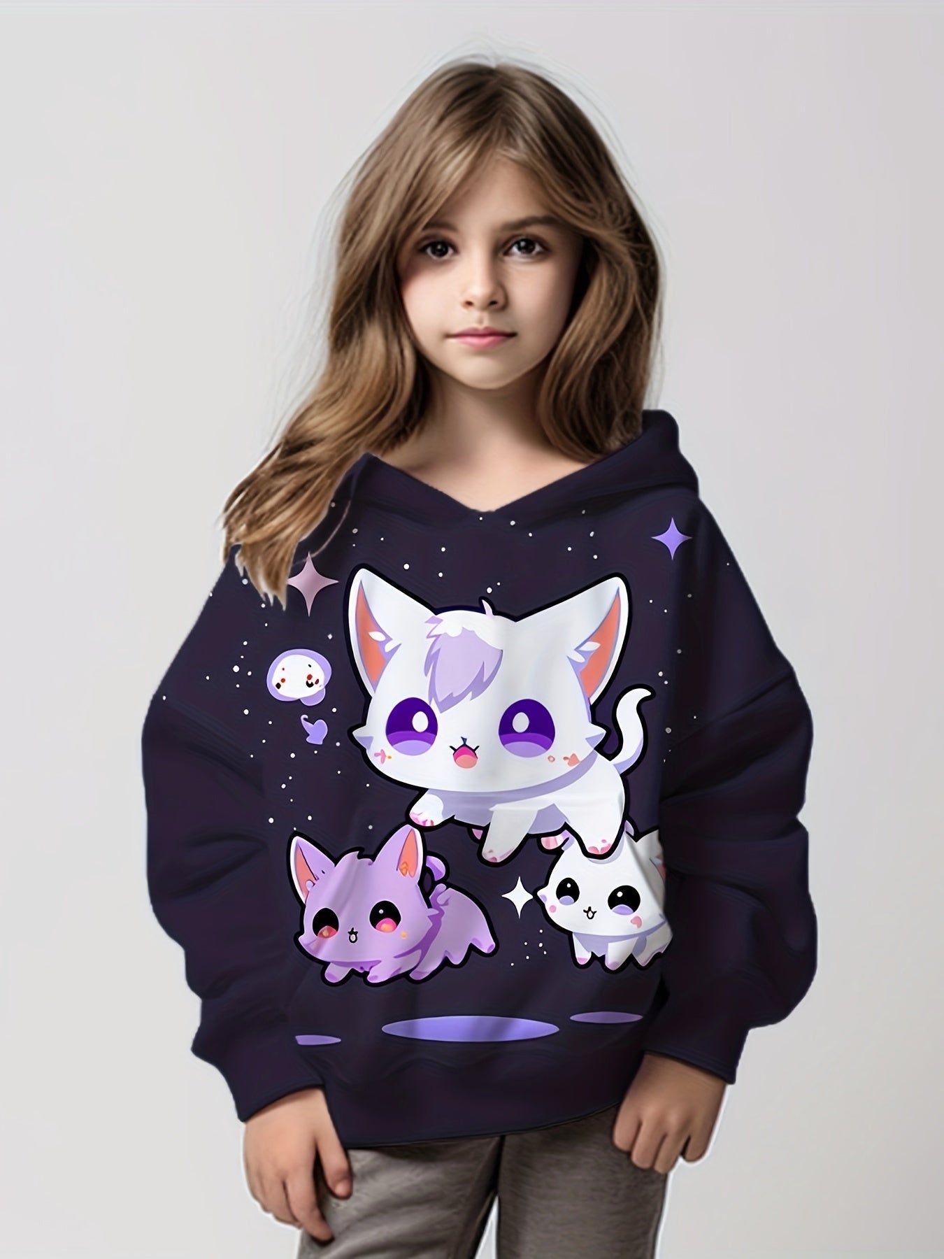 Starry Kitties Graphic Hoodies Girls Comfy Hooded Pullover