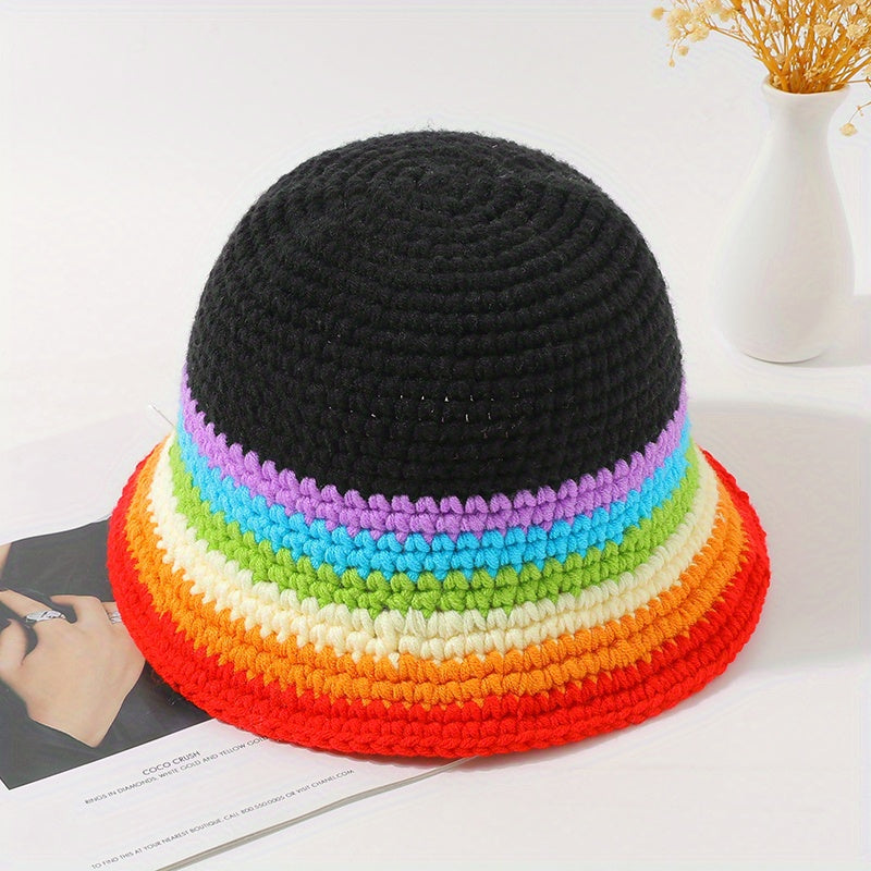 Vintage Rainbow Striped Bucket Hat Classic Crochet Cloche Hat