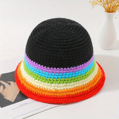 Vintage Rainbow Striped Bucket Hat Classic Crochet Cloche Hat