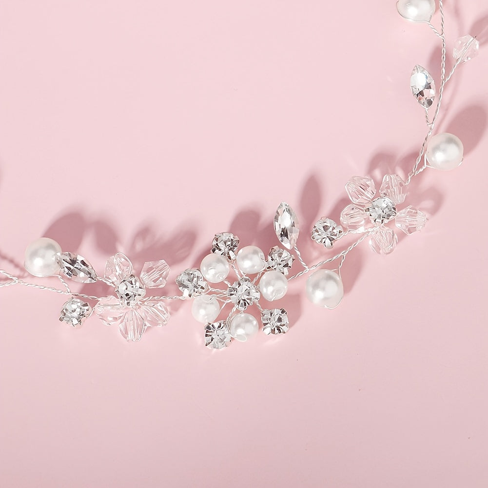Faux Pearl Rhinestone Streamer Hairband Headband Silvery Decorations Tiara