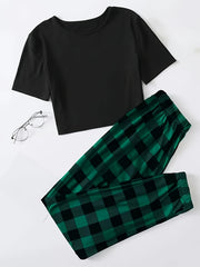 Preppy Lounge Set Tee & Plaid Print Joggers Pajamas 2 Piece Set