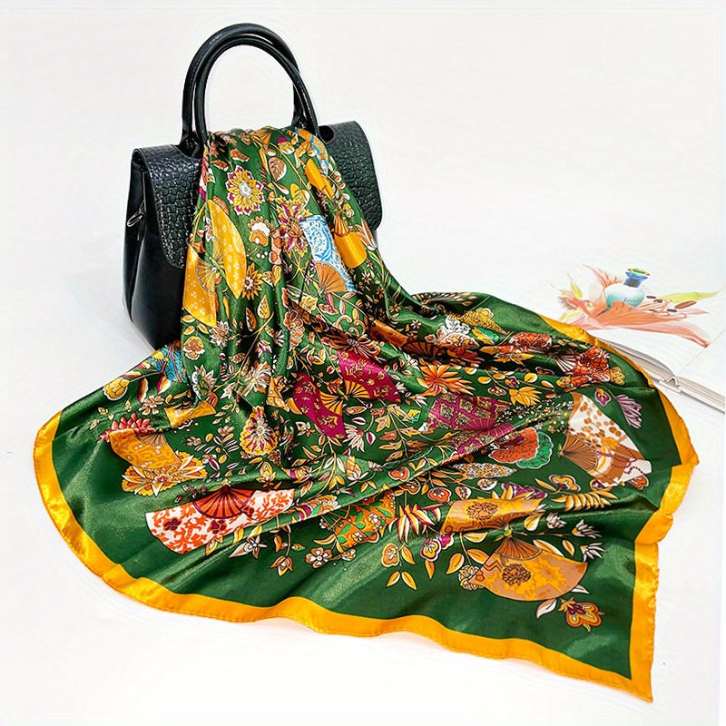 Boho Floral Print Satin Bandana Silk Square Scarf for Women