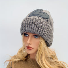 Heart Label Patch Beanie Thick Elastic Knit Hat Solid Skull Cap