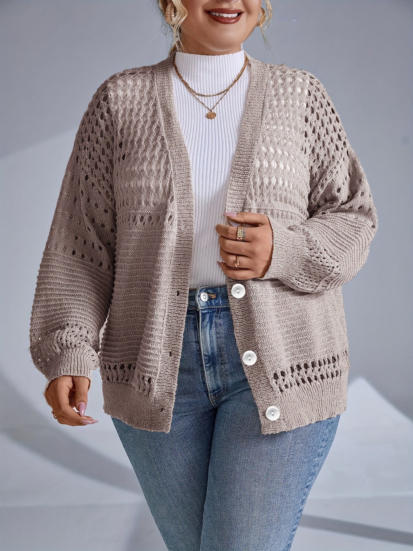 Casual Cardigan Women's Plus Hollow Out Long Sleeve Button Up Sweater