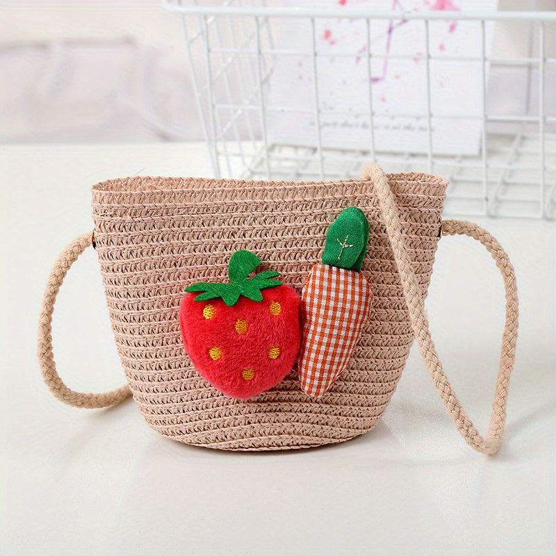 Girls Strawberry Carrot Woven Shoulder Bag Coin Purse Crossbody Bag