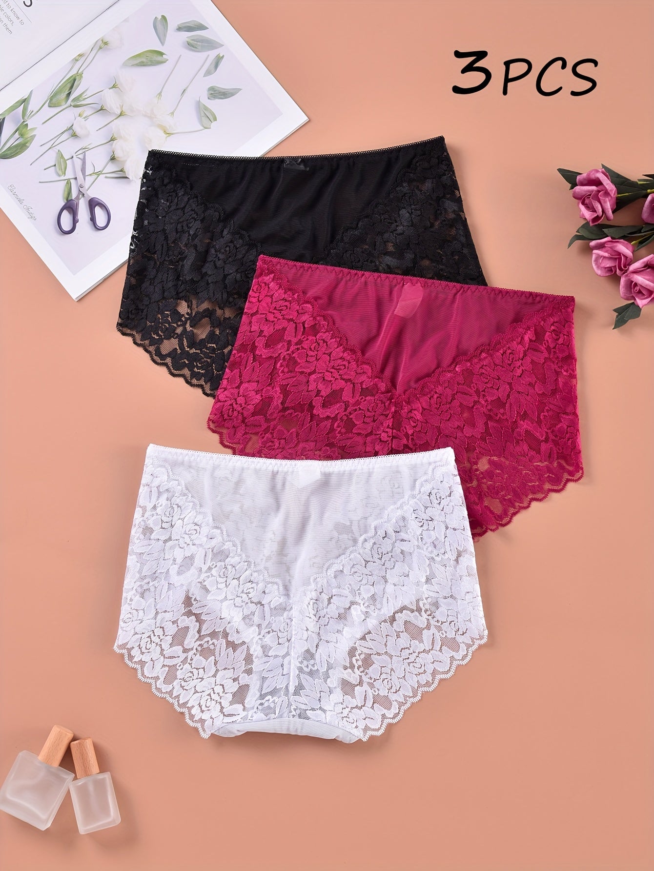 3pcs Floral Lace Briefs Women's Lingerie Panties