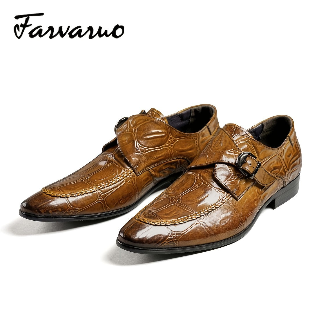 FARWARWO Crocodile Print Monk Strap Dress Shoes Pointed Toe Formal Office