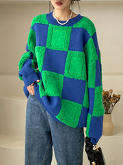 Y2K Checker Pattern Sweater Long Sleeve Round Neck Pullover Jumper
