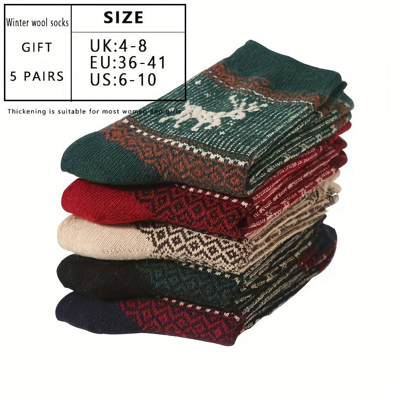5 Pairs Cartoon Elk Print Socks Warm Christmas Mid Tube Women's Stockings