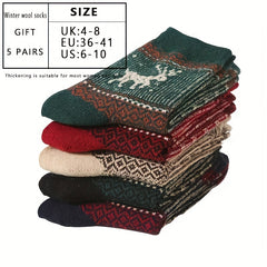 5 Pairs Cartoon Elk Print Socks Warm Christmas Mid Tube Women's Stockings