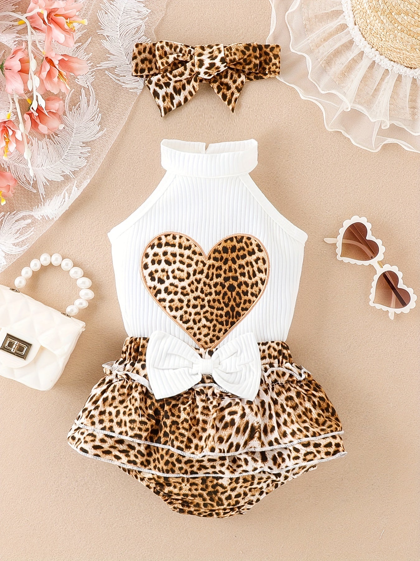 Leopard Print Heart Outfit Skirt & Sleeveless Tops for Baby Girls