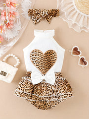 Leopard Print Heart Outfit Skirt & Sleeveless Tops for Baby Girls
