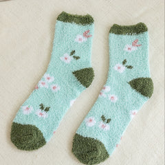 Floral Print & Colorblock Fuzzy Socks Set