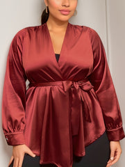 Solid Satin Long Sleeve Top With Belt