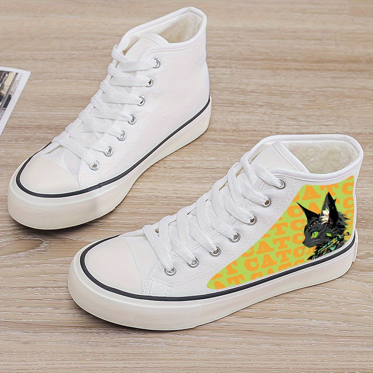 Cat Print Plush Lined Chunky Canvas Sneakers Fall Winter Warm Non Slip Shoes