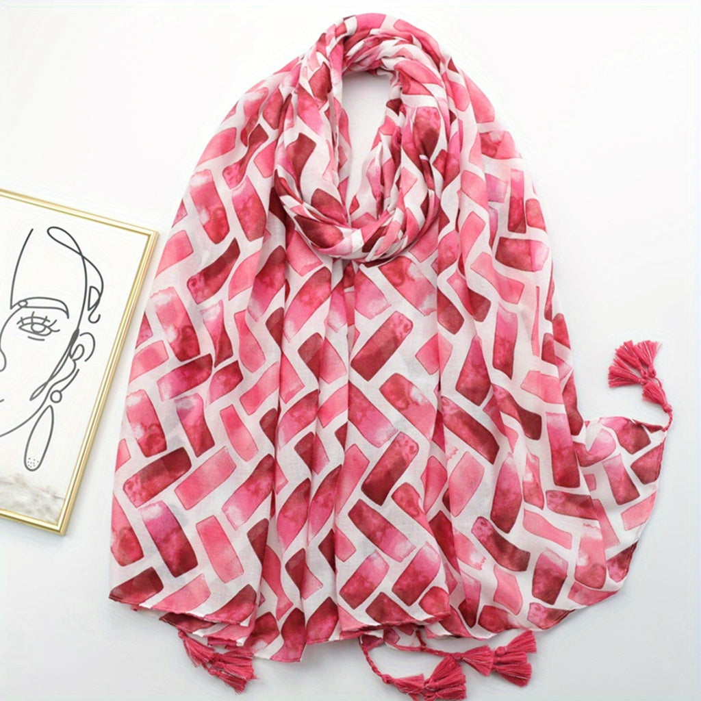 Red Geometric Print Scarf Tassel Shawl Windproof Head Wrap