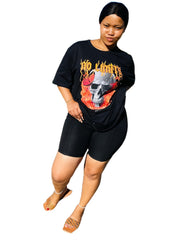 Skull Print Short Sleeve Tee & Biker Shorts Set Plus Size Women's 2pcs Outfit