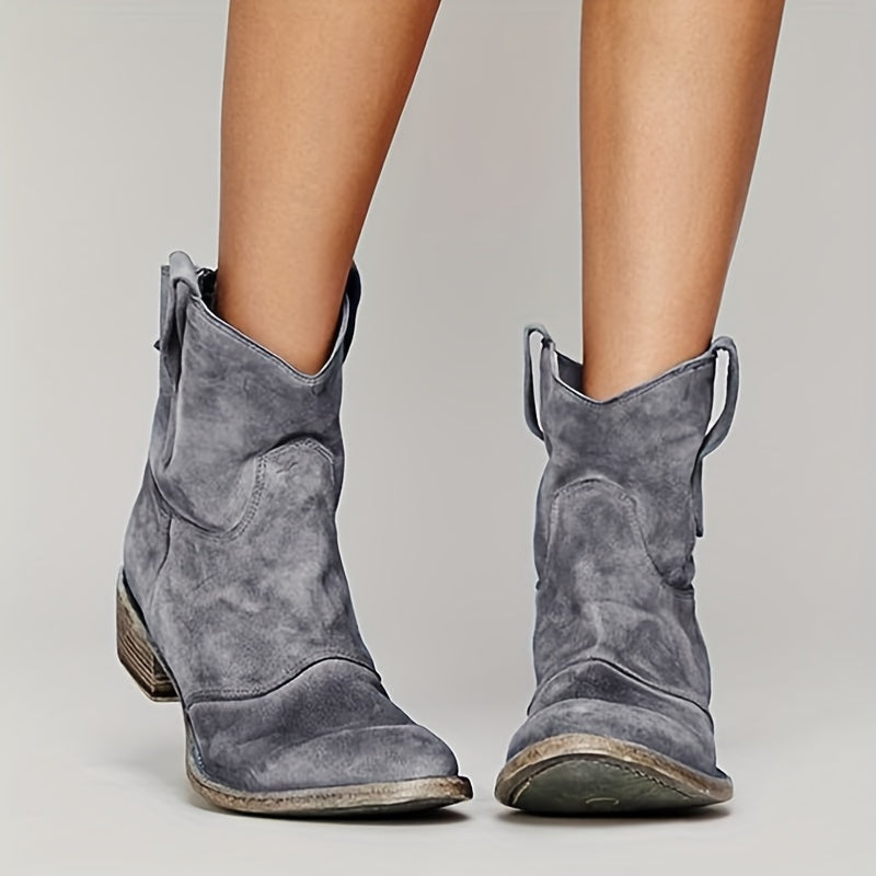 Women's V Cut Ankle Boots Retro Slip On Block Low Heel Shoes