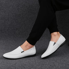 Men's Leather Loafer Shoes Lightweight Rubber Sole Slip On Flat Shoes
