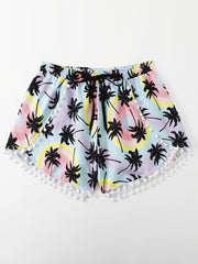 Vacay Shorts Women's Plus Pompom Trim Tree Print Drawstring Shorts