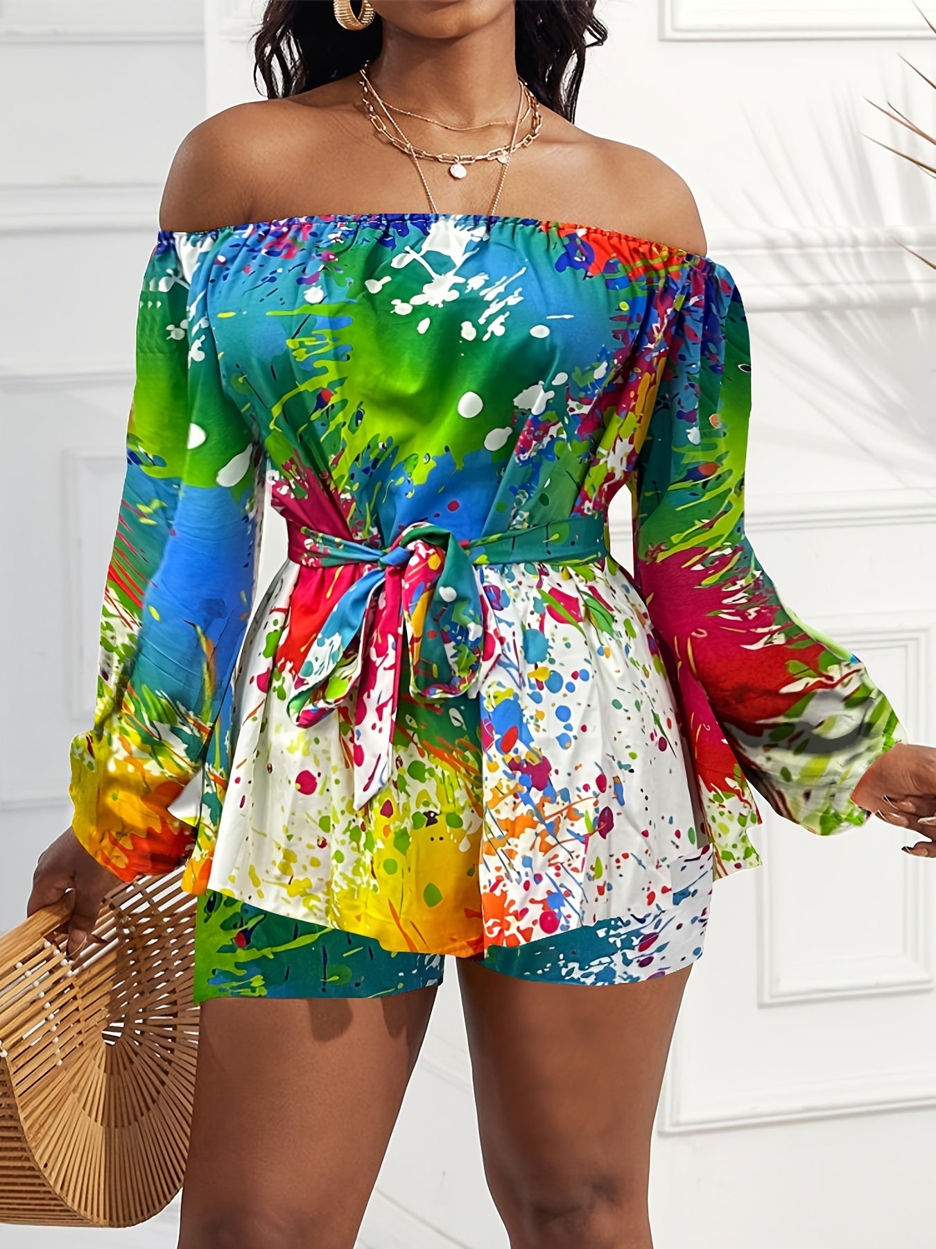 Women's Plus Paint Print Off Shoulder Top & Shorts Set