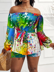 Women's Plus Paint Print Off Shoulder Top & Shorts Set