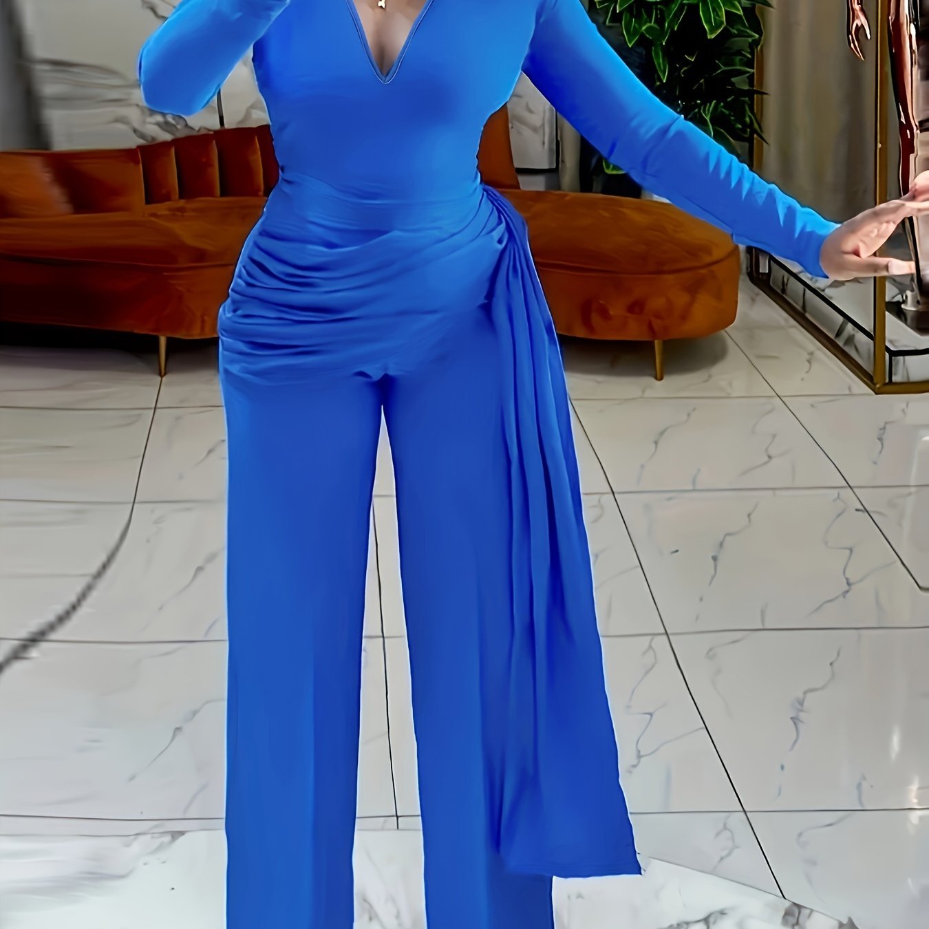 Casual Jumpsuit Solid Long Sleeve Surplice Neck Wide Leg Jumpsuit