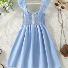 Girls' Ruffle Sleeveless Button Shirred Strappy Dress
