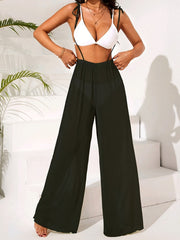 Mesh Cover Up Pants Tie Shoulders Elastic Waist Solid Maxi Beach Coverup