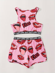 Lips Print Pajama Set Crew Neck Tank Top & Shorts