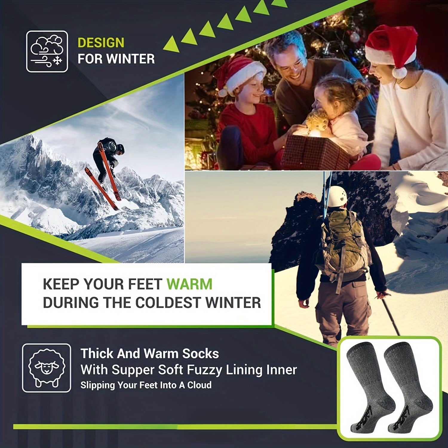 3 Pairs Men's Athletic Wool Socks Shock Absorption Outdoor Sports Hiking Socks