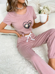 Heart Print Pajama Set Short Sleeve Crew Neck Top & Elastic Waistband Pants