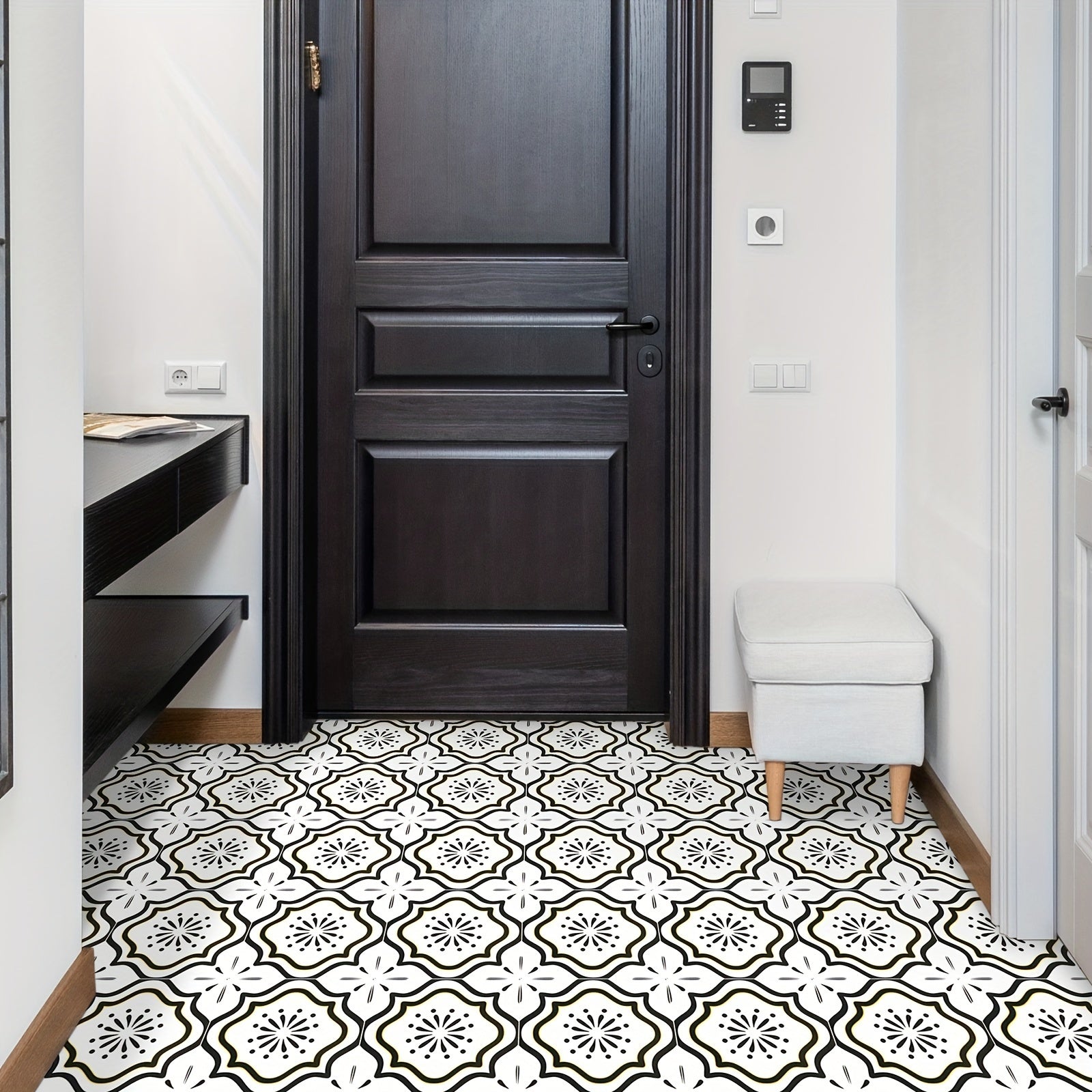 10pcs Grey Flower Floor Tiles Peel & Stick PVC Waterproo...