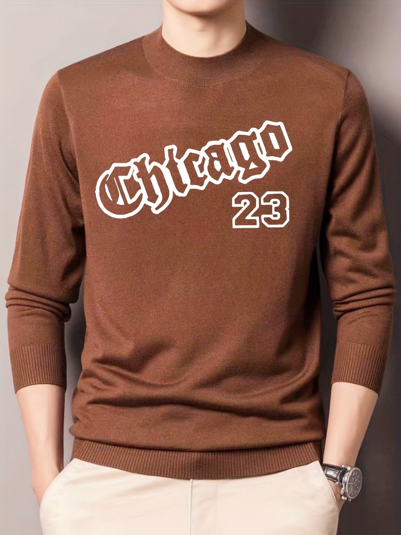 CHICAGO Print Knitted Sweater Men's Casual Warm Crew Neck Pullover