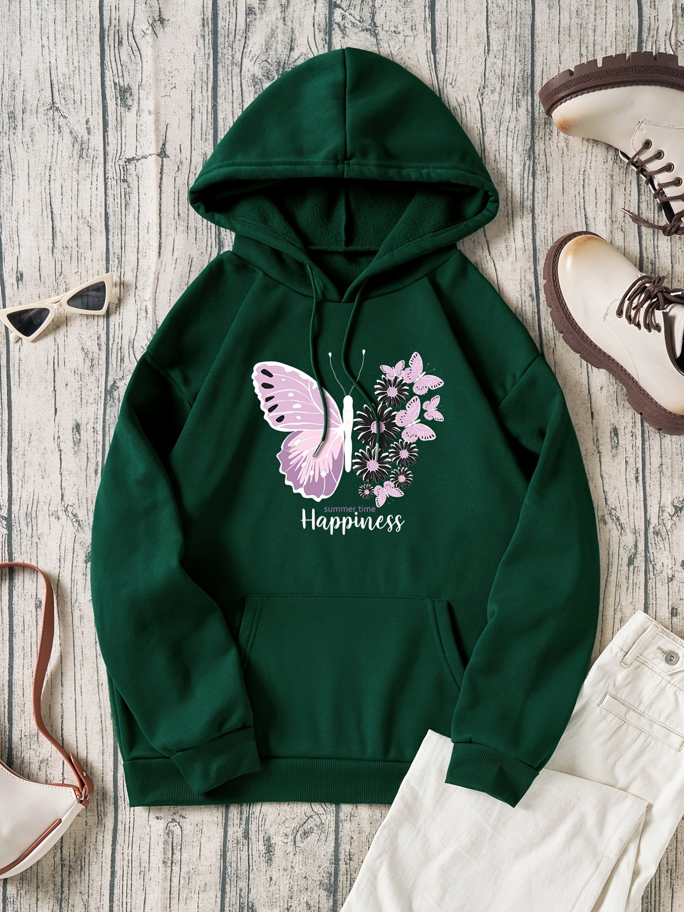 Butterfly & Flower Print Hoodie Casual Sweatshirt