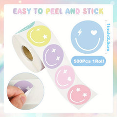 500pcs Pastel Smile Face Sticker Roll - Colorful Reward Labels