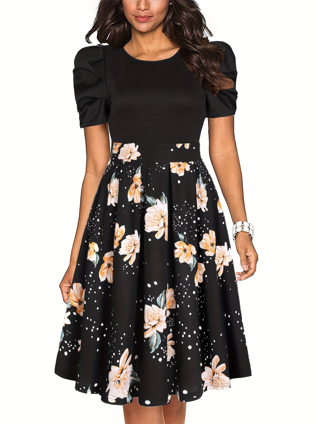 Vintage Floral Crew Neck Dress Short Sleeve Party Dress