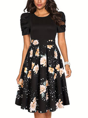 Vintage Floral Crew Neck Dress Short Sleeve Party Dress