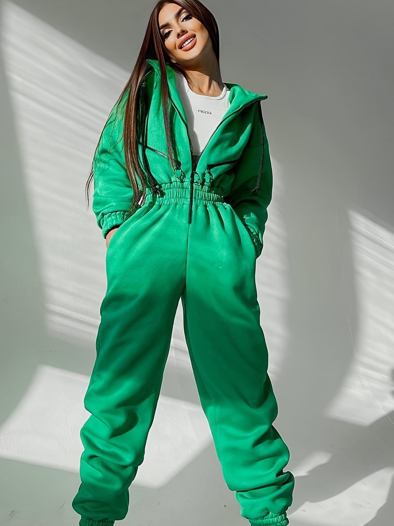 Drawstring Hooded Jumpsuit Long Slipper Zippered Pocket Sports Catsuit