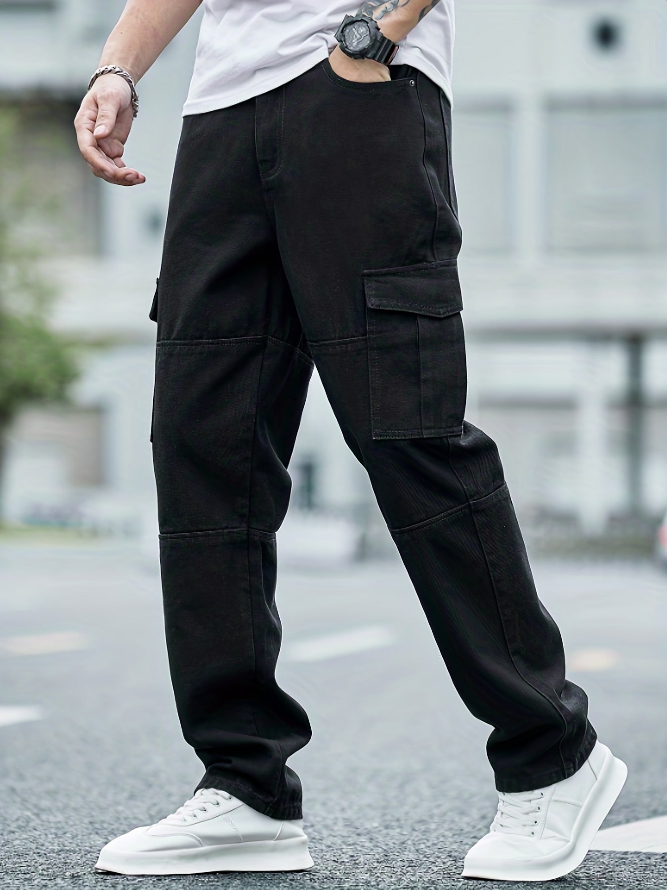 Men's Loose Fit Flap Pocket Jeans Casual Denim Pants