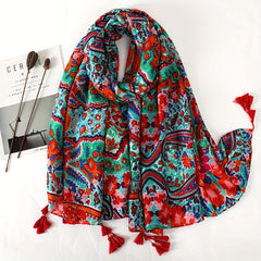 Vintage Flower Print Scarf Bohemian Red Tassel Shawl
