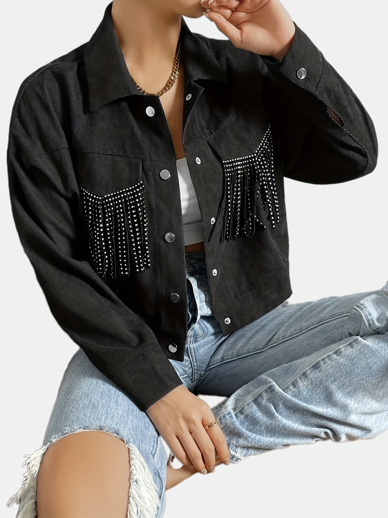 Rhinestone Fringe Trim Tassel Jacket Long Sleeve Button Front