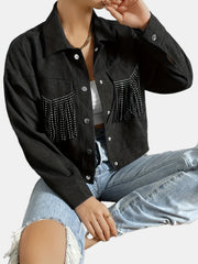 Rhinestone Fringe Trim Tassel Jacket Long Sleeve Button Front